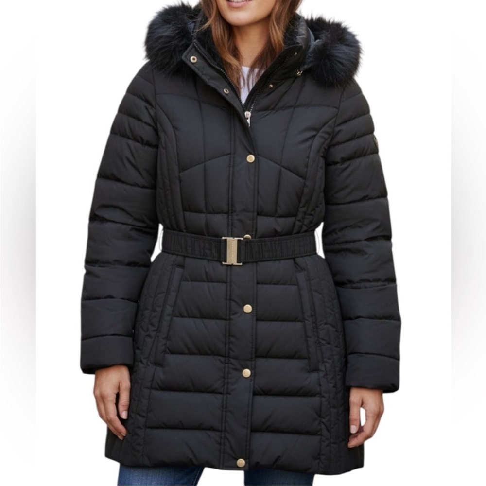Laundry By Shelli Segal Black Puffer Coat with Fur Hood